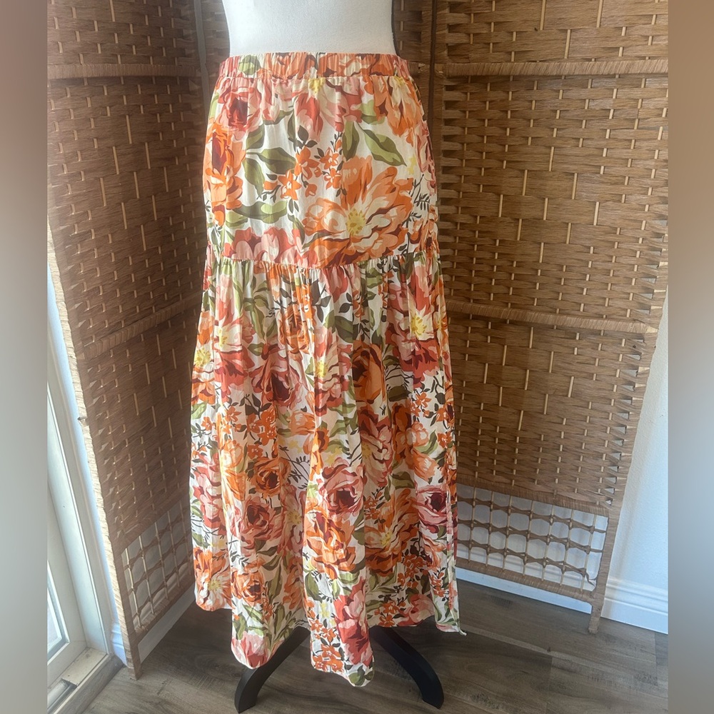Nwot Seven Wonders Floral Maxi Skirt - Orange & Green